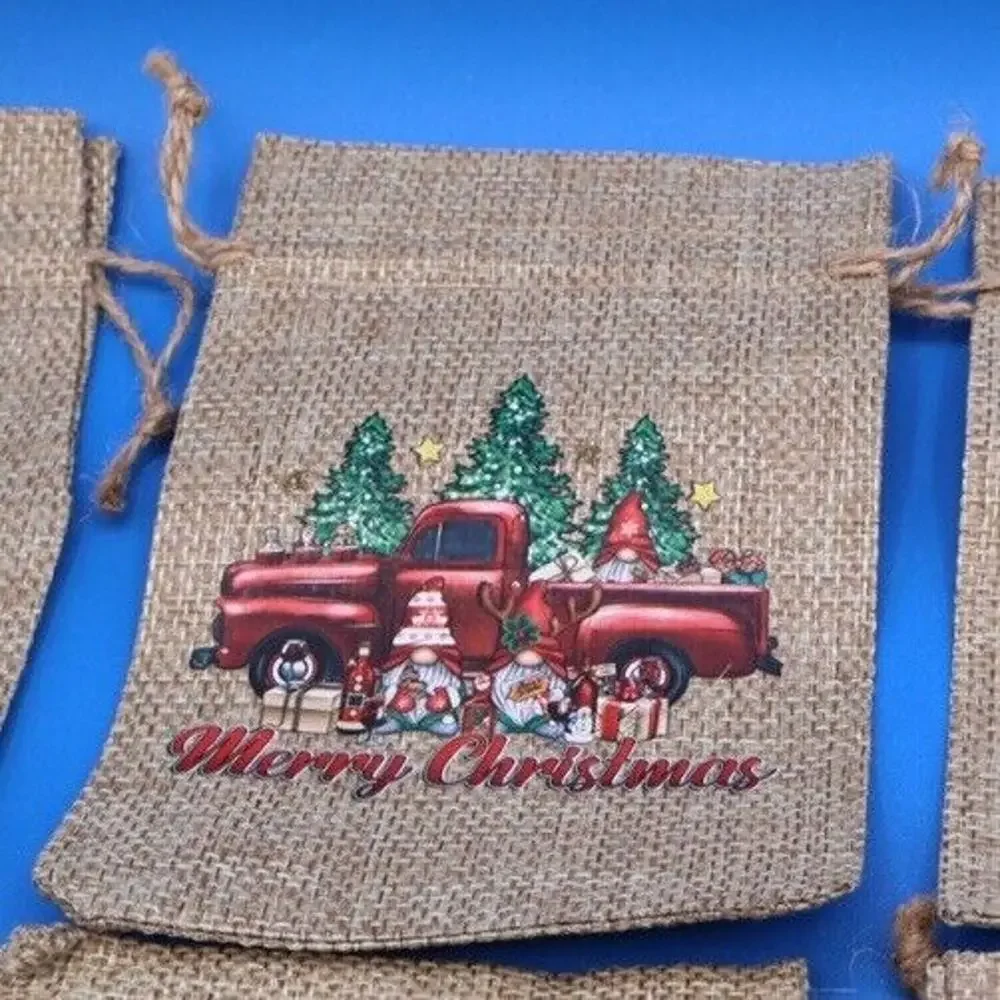 12 Christmas Drawstring Bags 6”x4” Mini Candy Burlap Bags. New